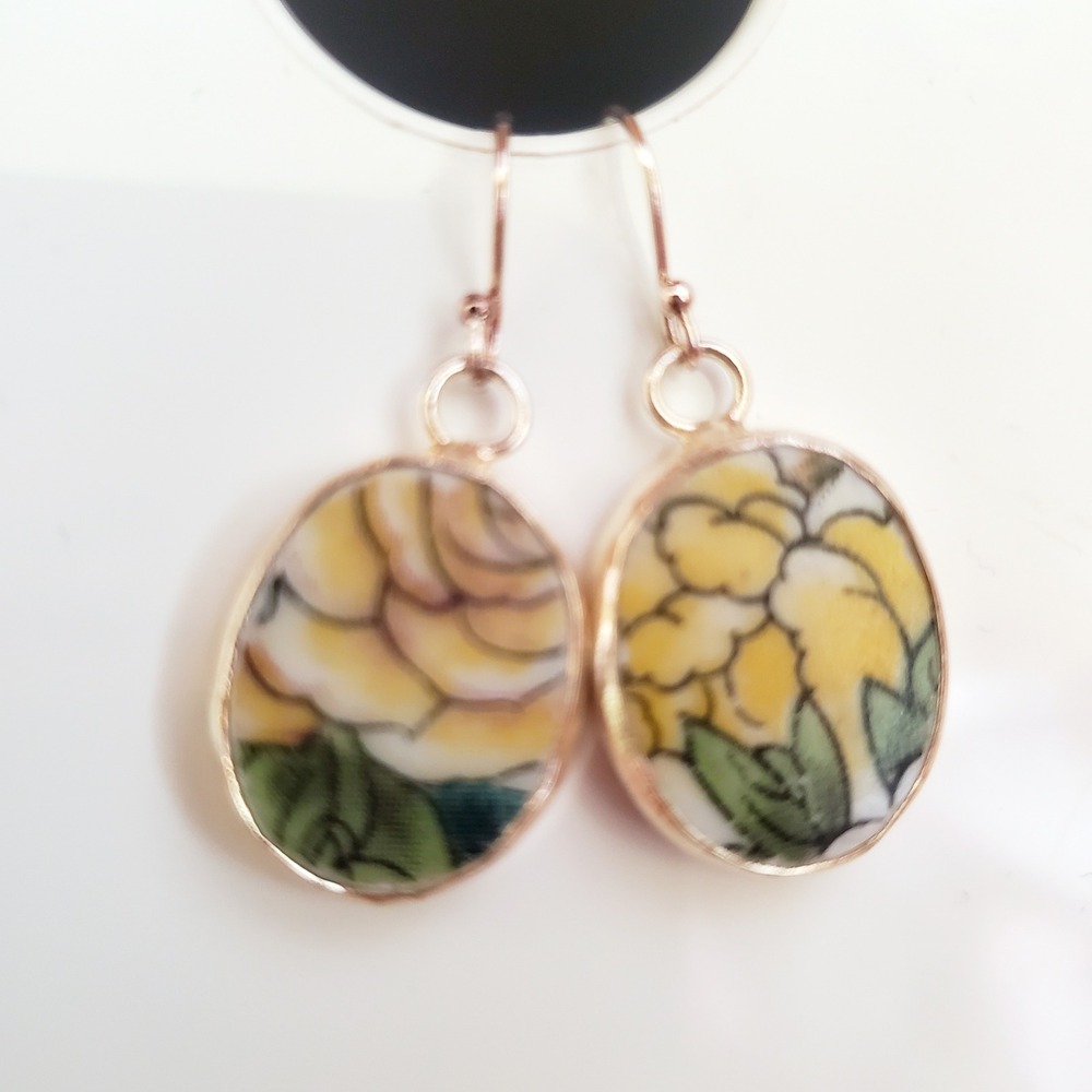 Yellow Floral Oval Drop Pottery Shard Earrings Handmade Broken China Jewelry